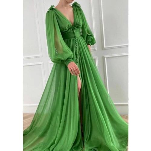2021 Elegant Chiffon Evening Dresses Long Puffy Sleeves High Split V Neck Formal Evening Party Dress Robe De Soiree