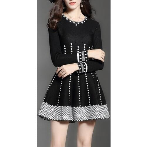 New Sprin Autumn Dress Fashion Women Knited Cotton Sweaters Geometric Casual Knited-Dresses Women Winter Warm For Ladies NS12