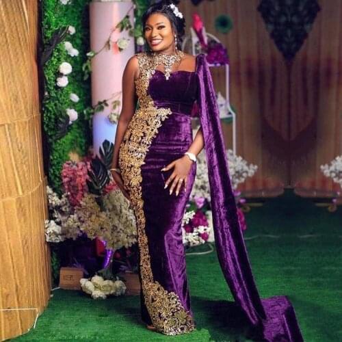 Velvet Evening Dresses Morocco Kaftan O-Neck Appliques Gold Lace Purple Cape Sleeve Muslim Prom Gown Arabic Mermaid Party Dress