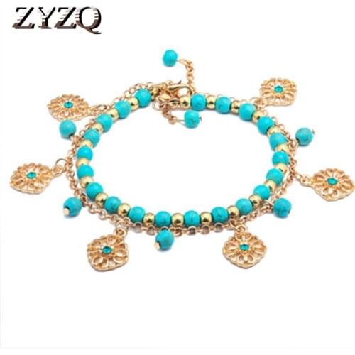 ZYZQ Bohemia Enthic Bracelets For Women Fashion 2PC Accessories JewelryGolden Color Blue Beads Bracelets Dropshipping Allow Hot