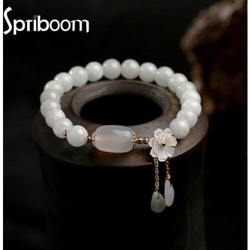 Natural Jade Bracelets for Women Emerald Agate Beads Bangle Shell Flower Pendant Jewelry Aesthetic Bracelet Girls Birthday Gifts