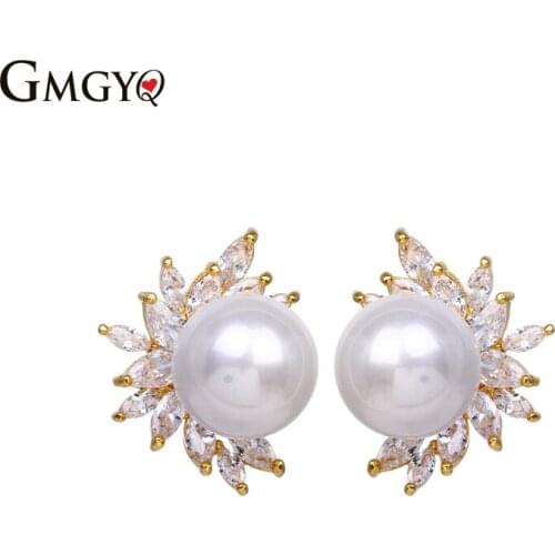 GMGYQ Korean Fashion Rose Gold Flower Cubic Zirconia White Pearl Earrings For Women Fashion Jewelry Womens Accessories