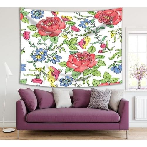 Tapestry Flourish Pattern Peony Daisy Flowers Summer Garden Blossom Red Green Blue Yellow Artwork Printed