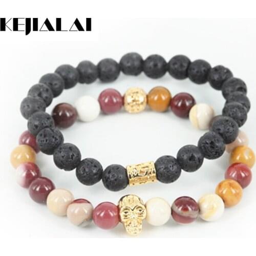 KEJIALAI 2pcs High Quality Natural Lava/Egg Yellow Round Stone Beads Men Bracelet Beaded Skull Head Women Bracelet A0587