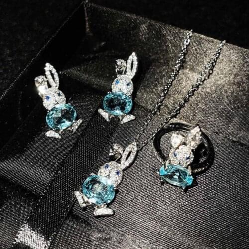 KOFSAC Cute Rabbit Blue Crystal Full Zircon Necklace Earrings Ring Set Women Silver Color Jewelry Fashion Luxurious Girl Gifts