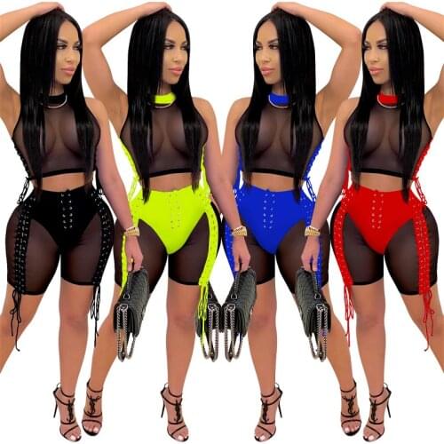 2 Pieces Set Women Mesh Sheer Sexy Club Wear See Through Cropped Tank Tops High Waist Lace-up Biker Shorts Two Piece Set