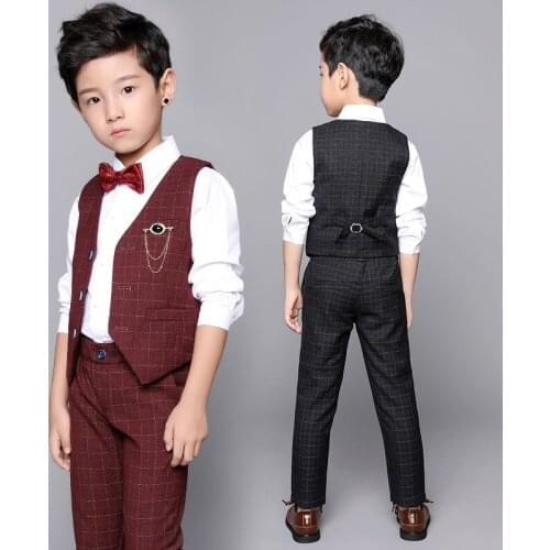 Boys Clothing Set Children Wedding Formal Dress Plaid Sleeveless Vest +Pants Kids Boys 2Pcs Suit Children Birthday Pants Suits