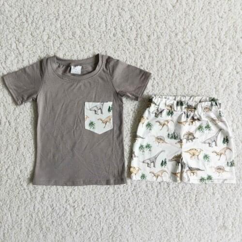 Baby Boy Clothing Set Dinosaur Pocket Grey T-shirt Dinosaur Pattern Shorts Boy 2-piece Boutique Clothing