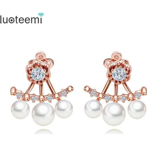 LUOTEEMI Elegant Double Side Imitation Pearl Stud Earrings for Women CZ Boucle d'oreille Femme Bijoux Front Back Ear Clip