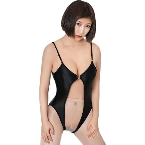 Oil Glossy Shiny Cosplay Swimsuit Open Crotch Bodysuit Porno Babydoll One Piece Swimsuit Hot Sexy Bathing Suit Women Body Suits