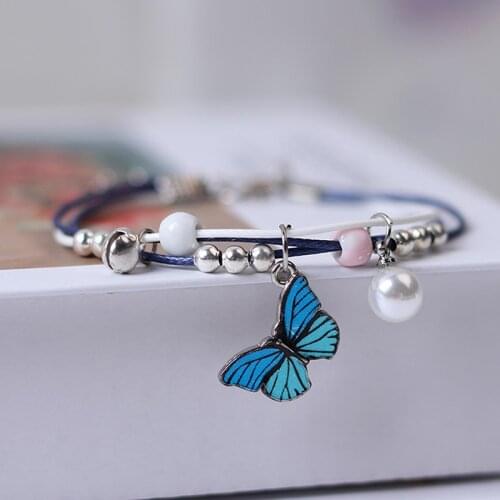 Fashion Ceramic Insect Braided Bracelets Blue Butterfly Animal Bell Rope Chains Women Party Jewelry Women Men Jewelry Gifts