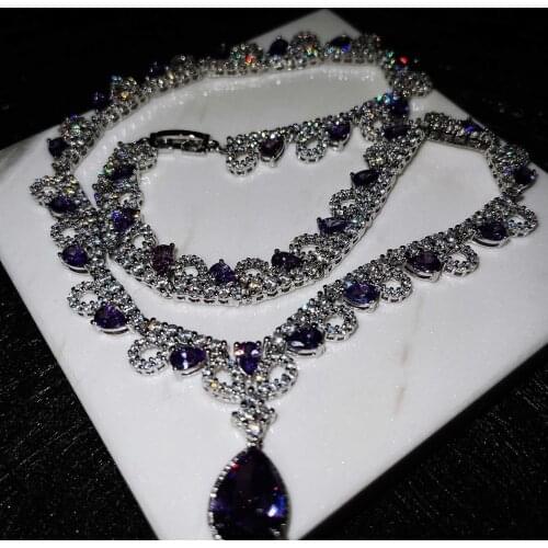 QTT Noble Purple Cubic Zirconia Silver Color Jewelry For Women Water Drop Pendant Necklace Wedding Party 2021 Gift