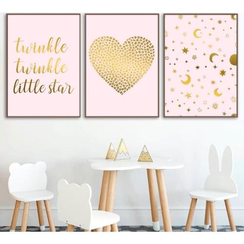 Pink and Gold Twinkle Little Star Quote Art Print Nursery Girl Wall Art Canvas Painting Nordic Poster Baby Girls Room Wall Decor