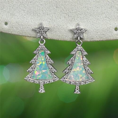 White Blue Fire Opal Stud Earrings Luxury Female Christmas Tree Crystal Earrings Classic Silver Color Wedding Earrings For Women