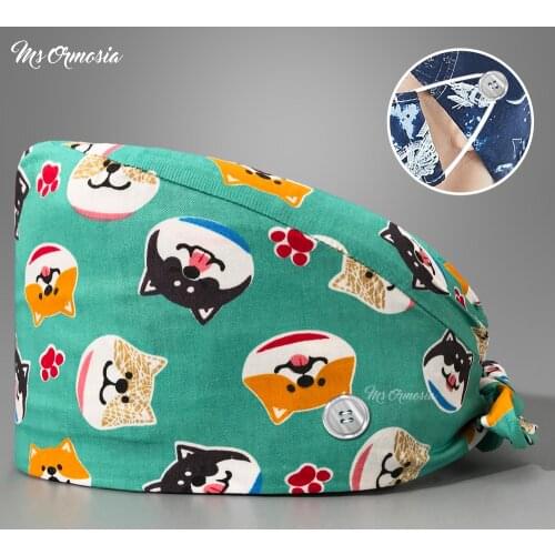 High quality cute printing hospital nurse hat with button breathable work cap cotton nurse accessories wholesale nurse hat new