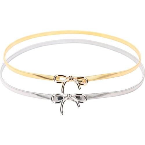 Chic Fashion Women Metal Belt Bow Clasp Front Stretch Spring Waist Strap Elastic Waistband Belts For Dress Blouse Gold/Silver