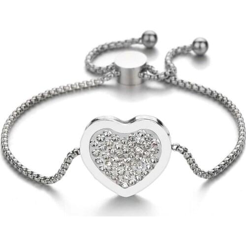 Bohemia Rhinestone Crystal Heart Bracelet Stainless Steel Adjustable Chain Bangles for Woman Family Jewelry Gift