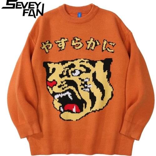 Seveyfan Mens Fashion Cartoon Tiger Sweater Hip Hop Oversize Cotton Pullover Knitwear for Couples