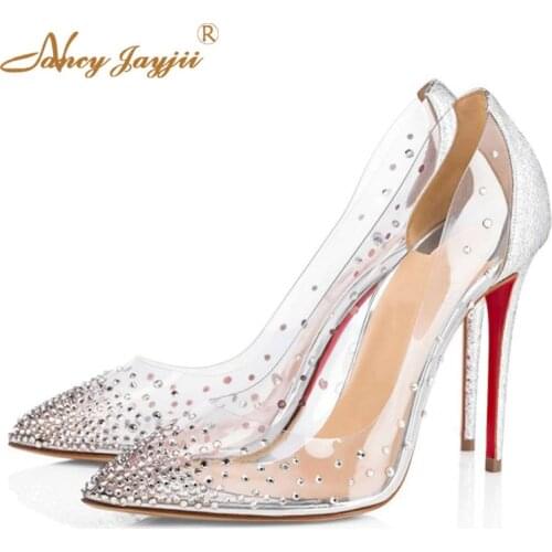 Red Bottom Crystal Gem Pumps Transparent PVC Pointed Toe 8cm 10cm 12cm Super High Thin Heels Women Wedding Party Slip-On Shoes