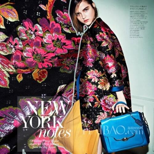 145cm width France Imported black big flower Metallic Jacquard Brocade Fabric 3D jacquard yarn dyed fabric for Coat Dress Skirt