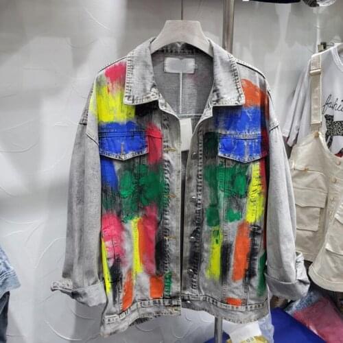 Womens autumn winter casual loose vintage ripped hole denim jacket female plus size graffiti jean jacket TB534