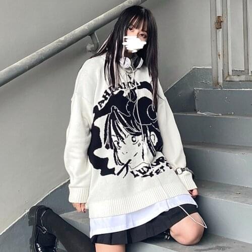 Japanese Streetwear Letter Cartoon Women Sweater Loose Ulzzang Plus Size Knitted Sweater Hip Hop Casual Harajuku Gothic Sweater