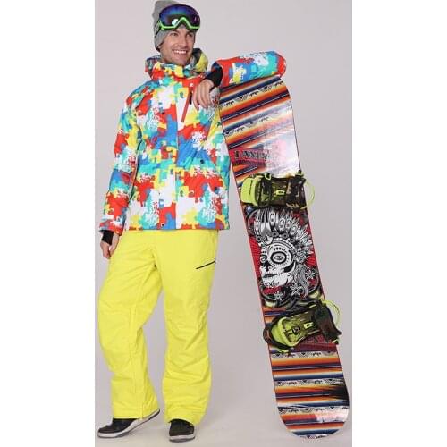 Gsou snow mens ski suit male snowboarding suit skiwear winter yellow and blue skiing jacket and yellow pants set waterproof