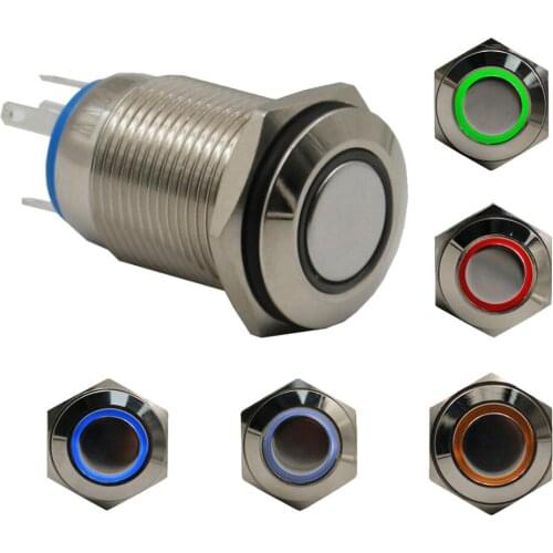1Pcs 16mm 12V 5Pin Five Color LED Ring Waterproof Metal Maintained Push Button Switch with Wire Socket Connector