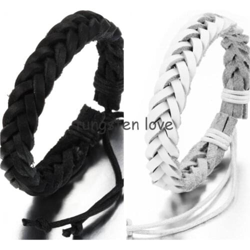 17-25cm Punk Men Bracelet Braided Leather Bracelet Bangle Wristband with Black and white color Size Adjustable