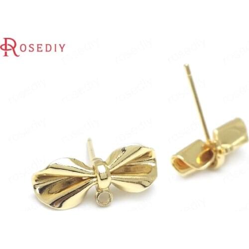 C541)10 pieces 16x6mm 24K Gold Color Brass + 925 Sterling Silver Pins Bow Shape Stud Earrings High Quality Diy Jewelry Findings