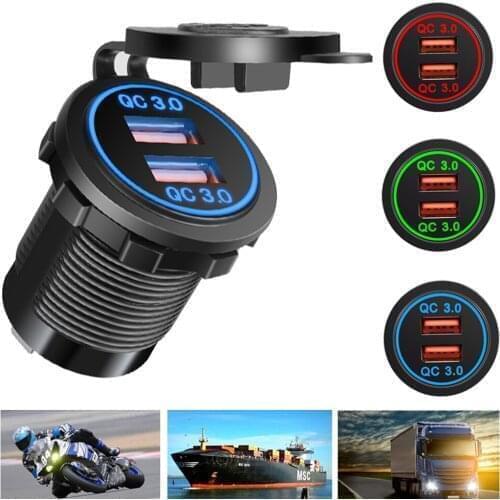 USB Car Motorcycle Cigarette Lighter Socket QC 3.0 Dual USB Charger 12V-24V Car Moto Cigarette Lighter Sockets Power Plug Outlet