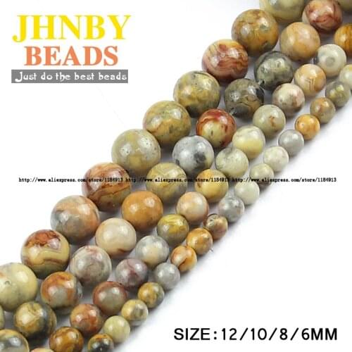 JHNBY 6/8/10/12MM Yellow Natural Stone Crazy lace carnelian DIY Round spacer Loose beads for Jewelry bracelet Making Accessories