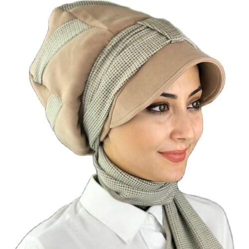 Islamic Fashion Muslim Women Hijab 2021 Trend Single Size Bathing Cap Beret Ready Shawl Scarf Buckle Hat Milky Coffee Biritli Scarf hat