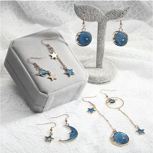 2020 New Fashion Hoop Earrings Lovely Simple Blue / The Moon / Starry Sky / Long Section Asymmetric Pendant For Ladies Gift