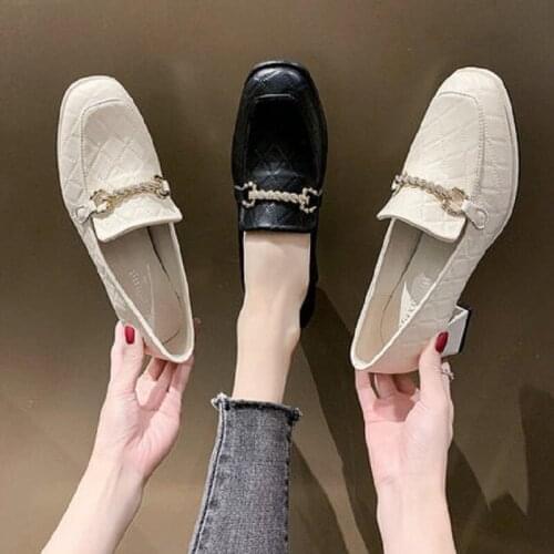 Spring And Autumn New Fashion Square Toe All-Match Shallow Mouth Small Leather Shoes Daily Commuter High Heel Womens Shoes