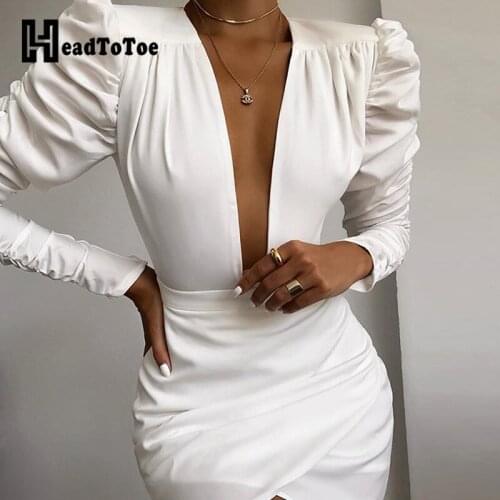 Solid Puff Sleeve Ruched Bodycon Dress Women Sexy Plunge Deep V-neck Mini White Dress Workwear