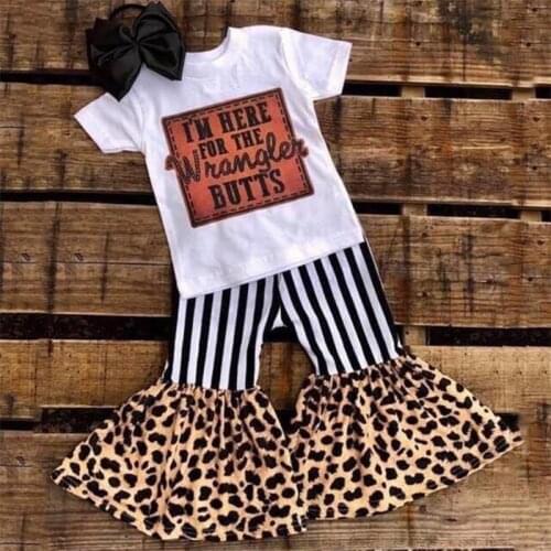 Wholesale Toddler Baby Girls Kids summer clothes Outfits children Letter T-shirt Ruffle Striped Leopard Bells Bottom Pants Sets