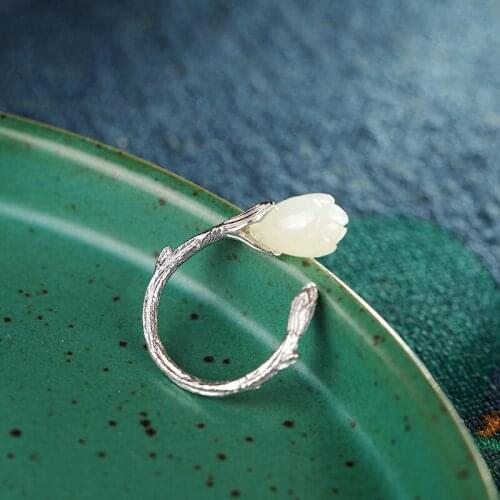 Original S925 Sterling Silver Inlaid Natural Hetian Jade White Jade Magnolia Elegant High-End Female Ring Ring for Family