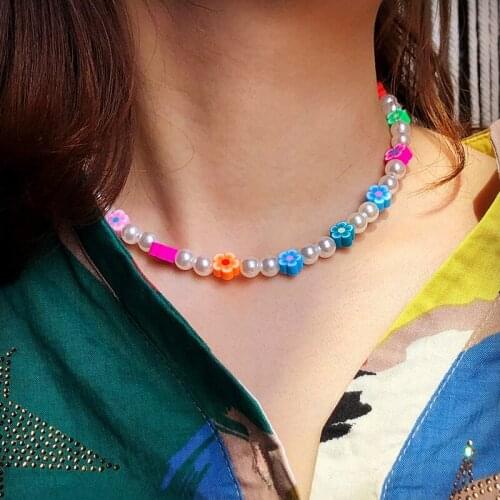 Bohemia Colorful Soft Pottery Asymmetry Pearl Choker Necklace Clavicle Chain For Women Girls Summer Jewelry