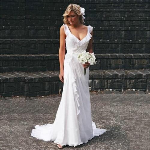 On Sale Modern Simple White Chiffon Backless Bridal Wedding Dresses Plunge V Neckline Pleated Wedding Gowns for Bride Affordable