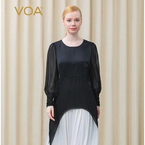 VOA Silk Tops 40m/m Heavy Double-sided Satin Round Neck Perspective Long Sleeve Black Slim Curved Hem T-shirt woman BE663