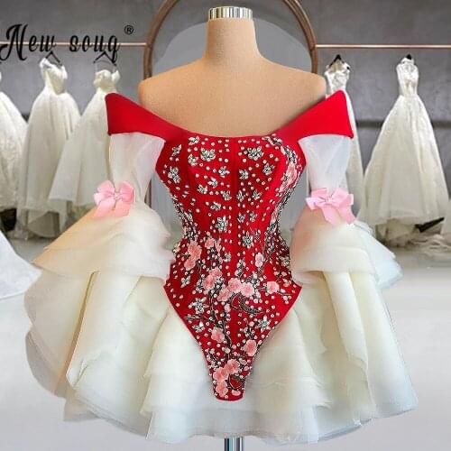 Rhinestones Scoop Sparkling Beaded Short Prom Dress Long Sleeve Flowers and Bows Ruffles Cocktail Party Dresses Luxury Pageant