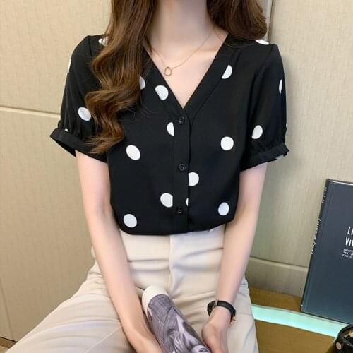 Oversized Shirt Womens Chiffon V-neck Polka Dot Print Shirt Top 2021 Summer Fashion Blusas