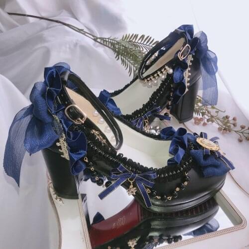 Sweet lolita shoes ruffled lace bowknot princess kawaii shoes round head high heel women shoes kawaii girl lolita cosplay loli