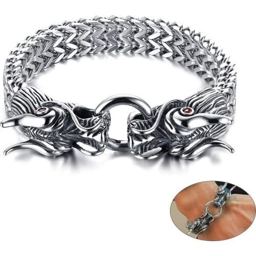 Heavy Chunky Mens Double Dragon Head Charm Bracelets Gothic Metallic Foxtail Link Chain Male Boy Hip-hop pulsera Jewelry