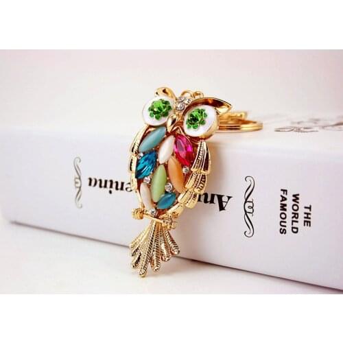 Gold Flower Crystal Owl Keychain Full Rhinestone Key Ring Key Holders For Women Bag Accessories Cute Animal Car Key Chain