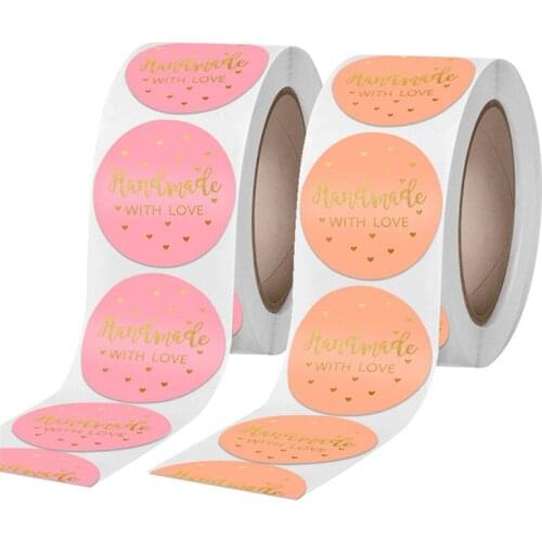 100-500pcs Round "Handmade with Love" Two Color Gilding Adhesive Labels Baking Wedding Decoration Birthday Party Sealing Sticker