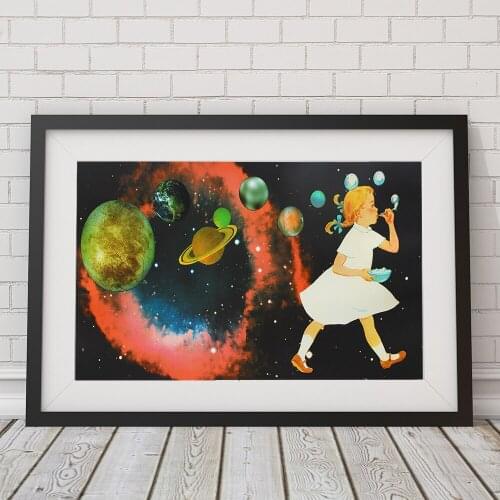 Abstract Girl Bubble Solar System Space Galaxy Univers Cartoon Nursery Poster Art Prints Silk Decor Painting Decor Wall Pictures