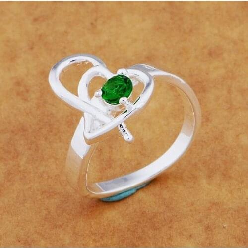 AR645 Trendy wholesale r ring, r fashion jewelry, double heart inlaid green stone /bbhajsoa bboajsvar plated