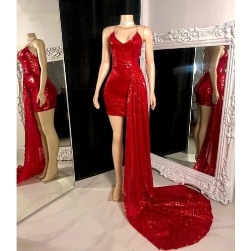Bling Pink Red Sequins Sheath Short Prom Party Dresses 2021 Sexy Cris Cross Back Knee Length African Girl Cocktail Prom Gowns